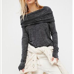 Free People Washed Charcoal Off-Shoulder Long Sleeve Top